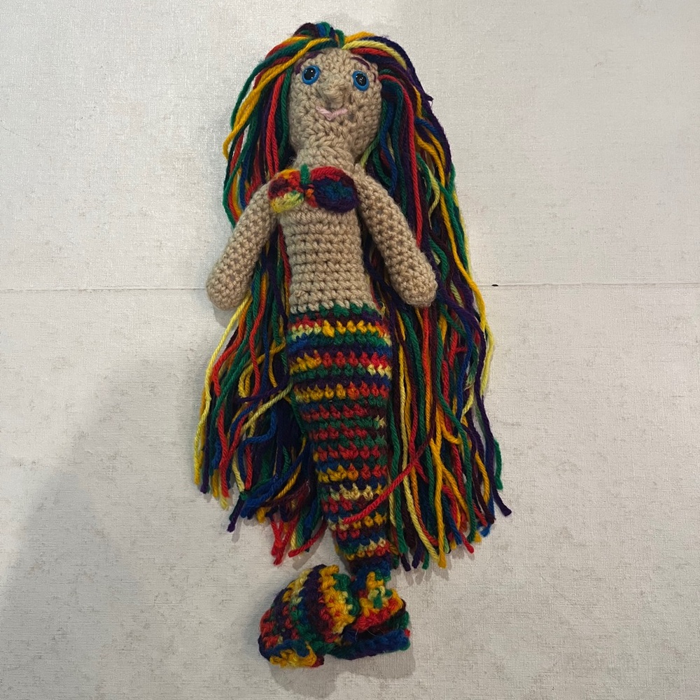 Handmade Colorful Rainbow Crochet Mermaid Doll with great hair! So cute!
